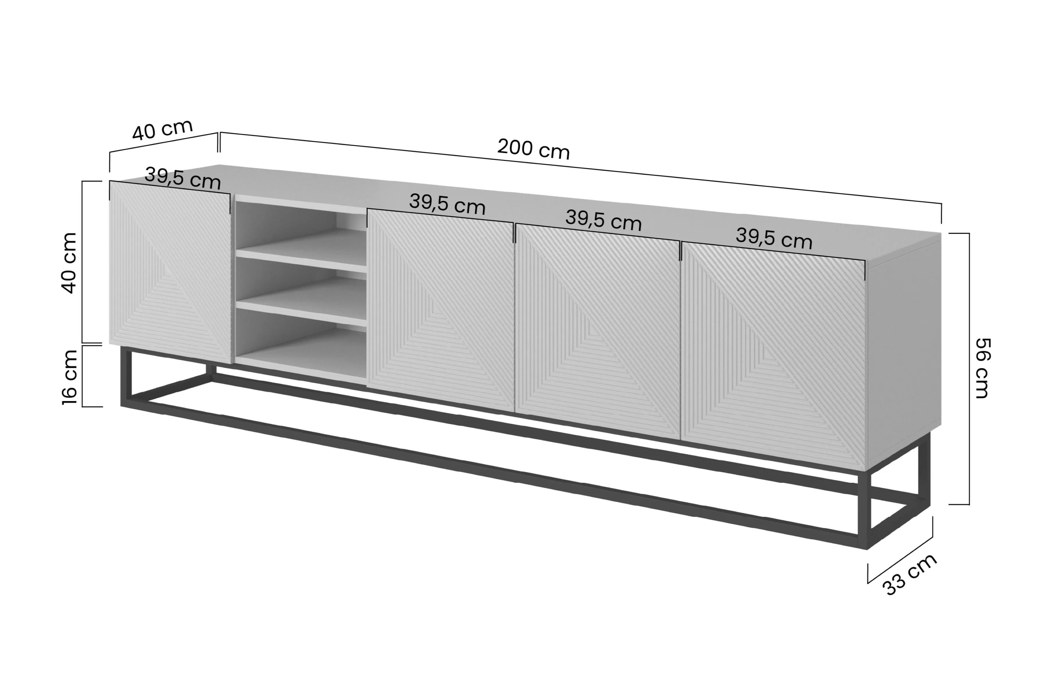 RTV skrinka Asha 200 cm ryhovaná na kovovom ráme - čierny mat TV skrinka Asha 200 cm ryflowana z wneka i metalowym stelazem - Čierny mat