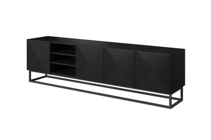 TV stolek Asha 200 cm s rýhovaným čelem a výklenkem - černý mat / kovový rám