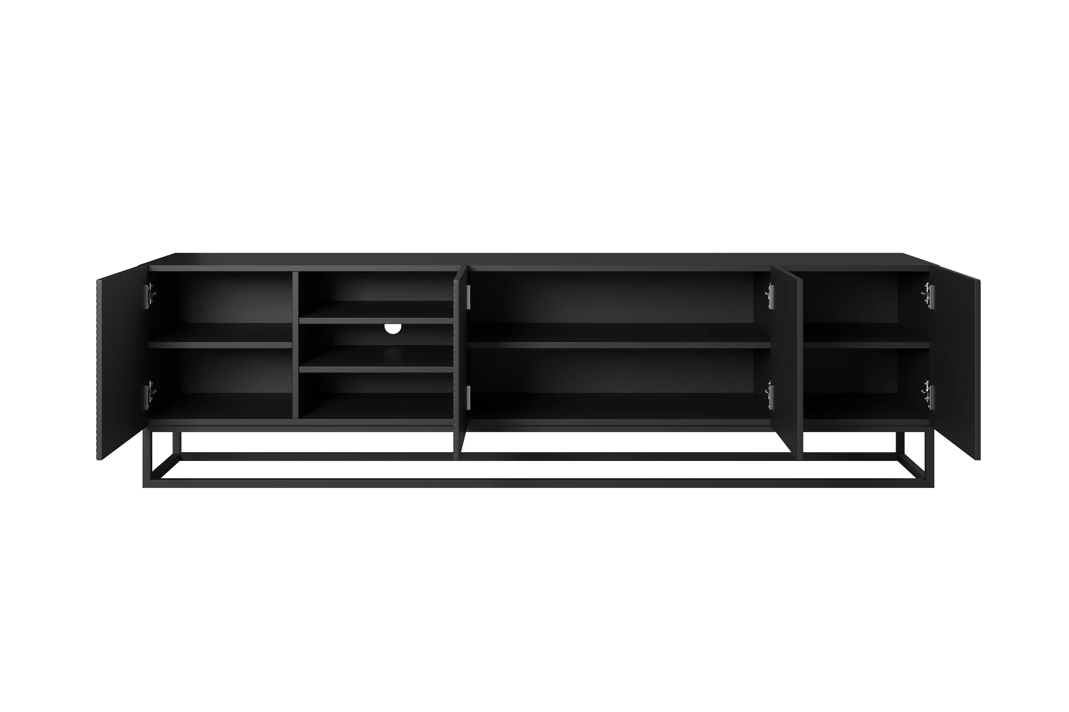 RTV skrinka Asha 200 cm ryhovaná na kovovom ráme - čierny mat TV skrinka Asha 200 cm ryflowana z wneka i metalowym stelazem - Čierny mat