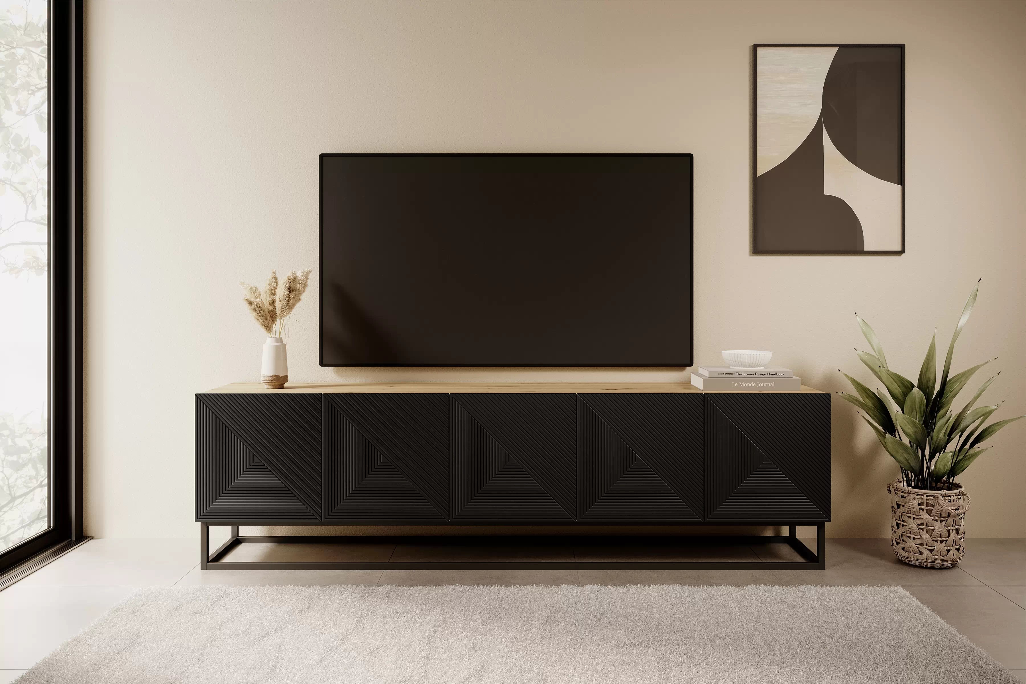 TV skrinka Asha 200 cm s ryhovaným čelom - artisan / čierny mat TV skrinka Asha 200 cm ryflowany Predná časť i metalowym, čiernym stelazem - artisan / Čierny mat