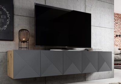 Závesná RTV skrinka Asha 200 cm s ryhovaným frontom - dub artisan / rivier stone mat TV skrinka Asha 200 cm závesná s frézovaným frontom - artisan / rivier stone mat