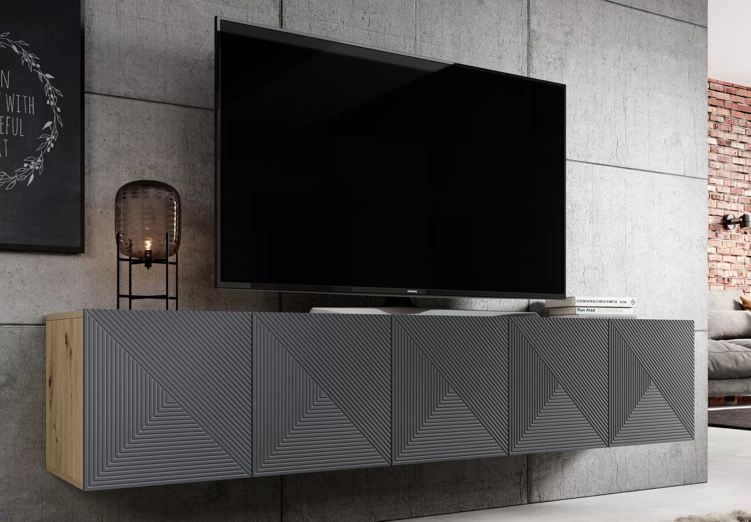 Závesná TV skrinka Asha 200 cm s ryhovanými dvierkami - artisan / rivier stone mat TV skrinka Asha 200 cm závesná s frézovaným frontom - artisan / rivier stone mat