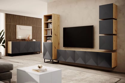 Závesná RTV skrinka Asha 200 cm s ryhovaným frontom - dub artisan / rivier stone mat TV skrinka Asha 200 cm závesná s frézovaným frontom - artisan / rivier stone mat