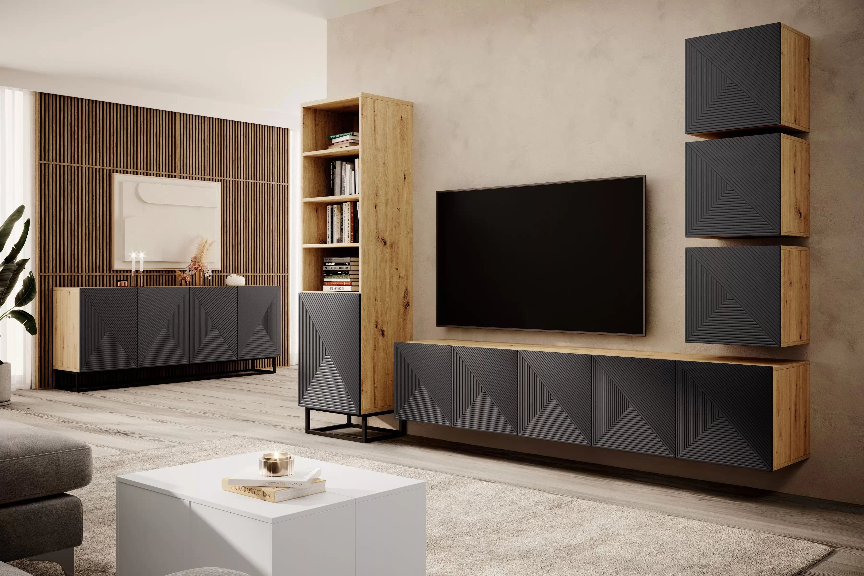 Závesná TV skrinka Asha 200 cm s ryhovanými dvierkami - artisan / rivier stone mat TV skrinka Asha 200 cm závesná s frézovaným frontom - artisan / rivier stone mat