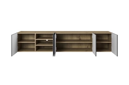 Závesná RTV skrinka Asha 200 cm s ryhovaným frontom - dub artisan / rivier stone mat TV skrinka Asha 200 cm závesná s frézovaným frontom - artisan / rivier stone mat