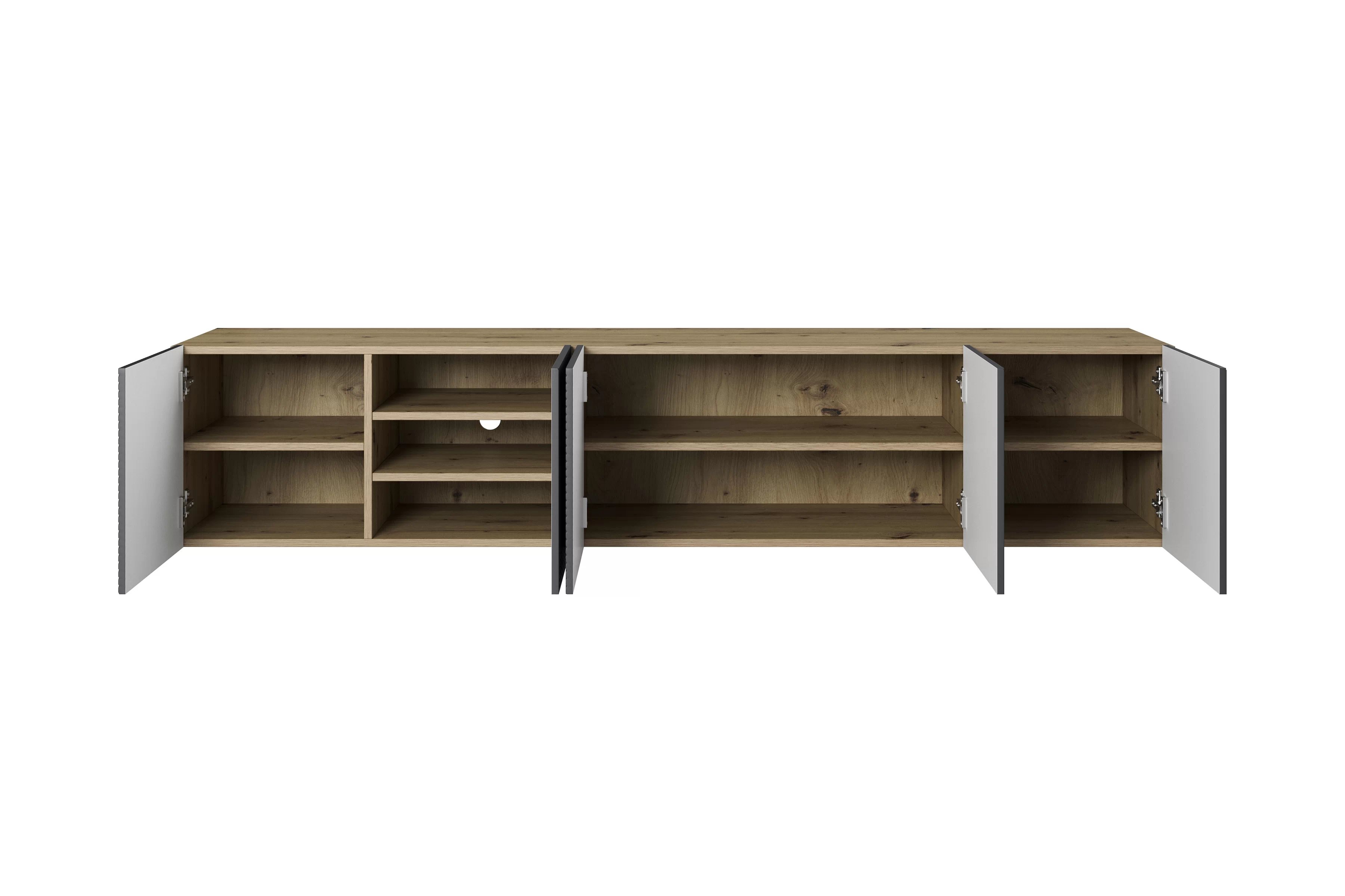 Závesná TV skrinka Asha 200 cm s ryhovanými dvierkami - artisan / rivier stone mat TV skrinka Asha 200 cm závesná s frézovaným frontom - artisan / rivier stone mat