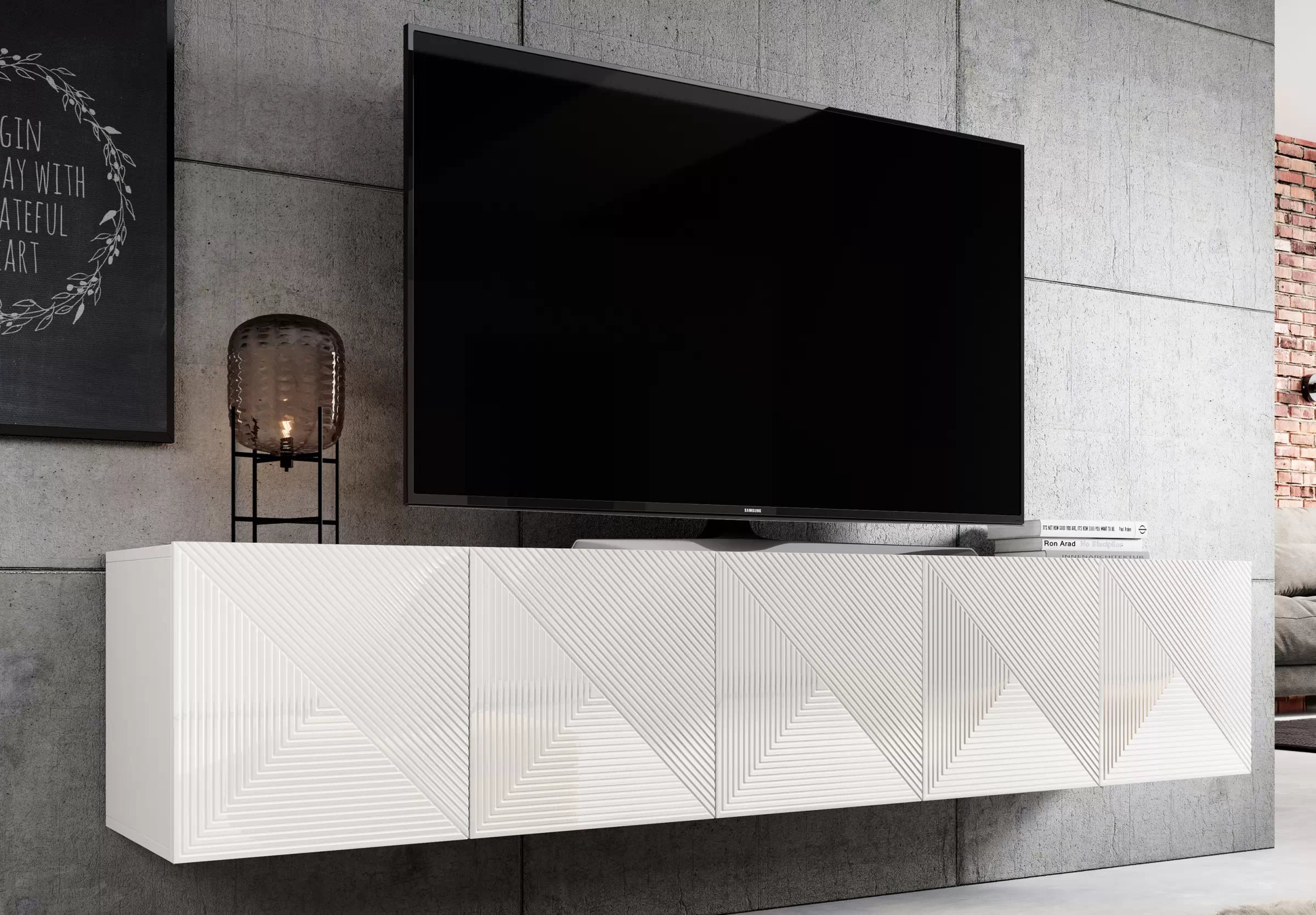 Závesná TV skrinka Asha 200 cm s ryhovanými dvierkami - biely mat TV skrinka Asha 200 cm závesná s frézovaným frontom - biely mat