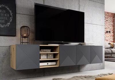 Závesná TV skrinka Asha 200 cm s ryhovaným čelom a výklenkom - dub artisan / rivier stone mat TV skrinka Asha 200 cm závesná s frézovaným frontom i wneka - artisan / rivier stone mat