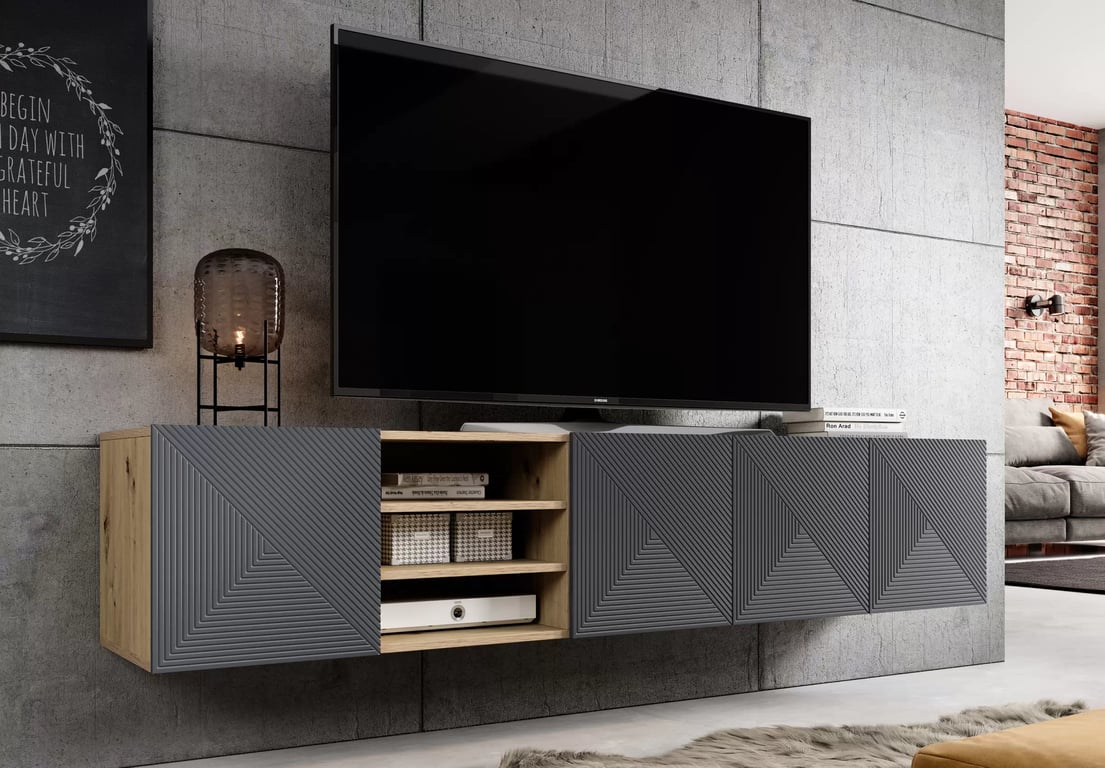Závesná TV skrinka Asha 200 cm s ryhovaným čelom a výklenkom - dub artisan / rivier stone mat TV skrinka Asha 200 cm závesná s frézovaným frontom i wneka - artisan / rivier stone mat