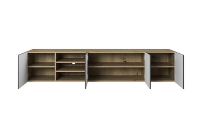 Závěsná TV skříňka Asha 200 cm s drážkovaným čelem a výklenkem - dub artisan / rivier stone mat skříňka RTV Asha 200 cm závěsná s frézovanou přední částí i wneka - artisan / rivier stone mat