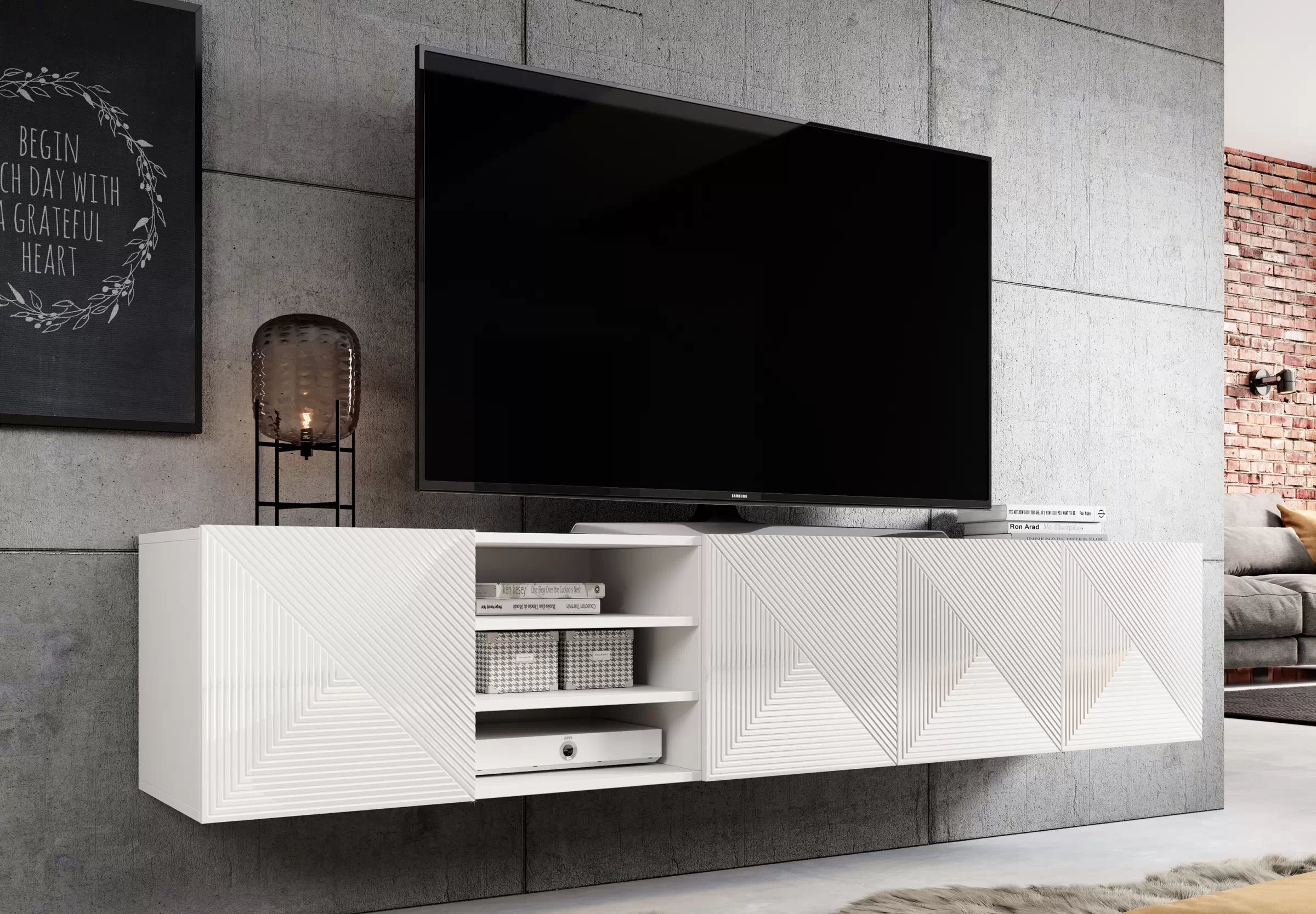 Závěsný TV stolek Asha 200 cm s výklenkem - bílý mat skříňka RTV Asha 200 cm závěsná s frézovanou přední částí i wneka - bílý mat