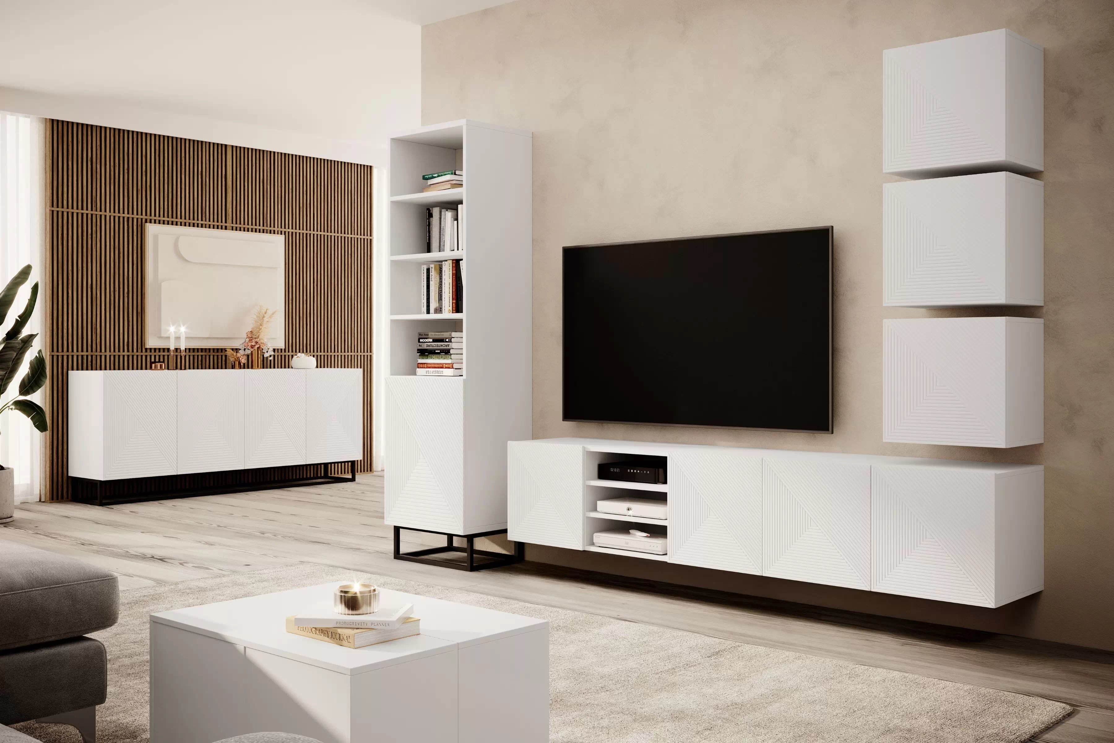 Závěsný TV stolek Asha 200 cm s výklenkem - bílý mat skříňka RTV Asha 200 cm závěsná s frézovanou přední částí i wneka - bílý mat