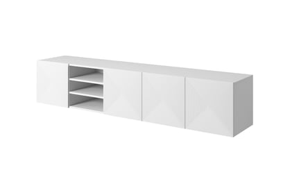 Závesný TV stolík Asha 200 cm s 3 otvorenými policami - biely mat