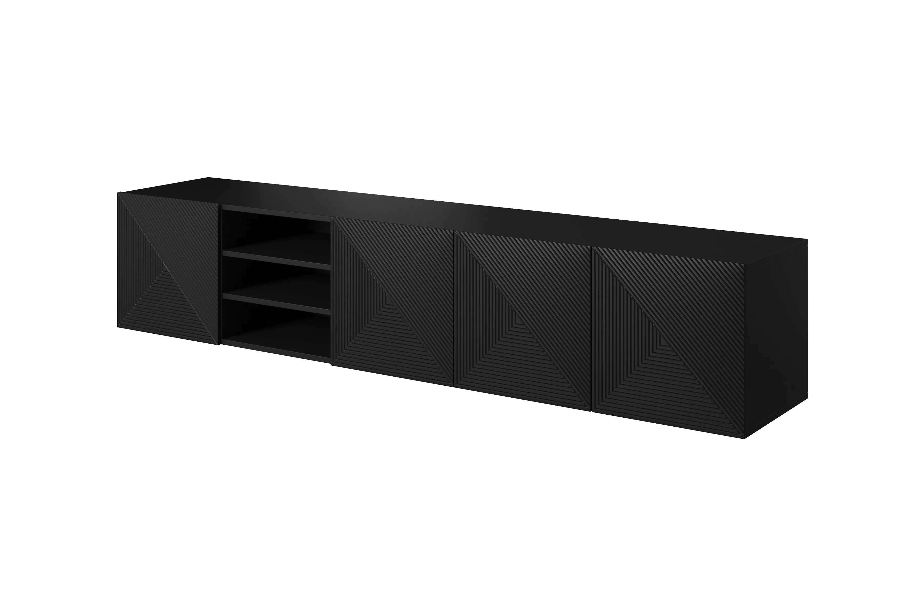 Závěsná TV skříňka Asha 200 cm s drážkovanými dvířky a výklenkem - černý mat skříňka RTV Asha 200 cm závěsná s frézovanou přední částí i wneka - černá mat