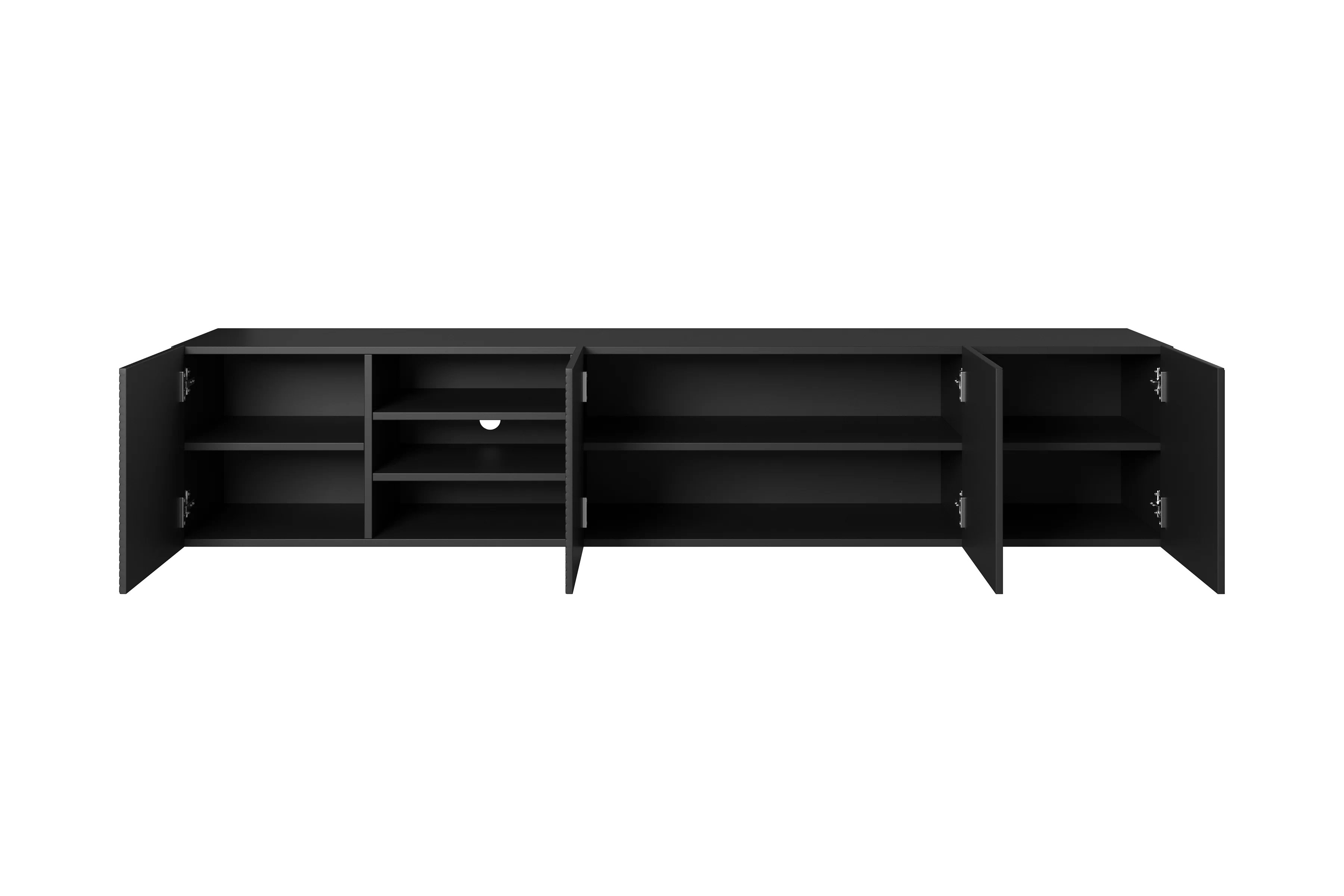 Závěsná TV skříňka Asha 200 cm s drážkovanými dvířky a výklenkem - černý mat skříňka RTV Asha 200 cm závěsná s frézovanou přední částí i wneka - černá mat