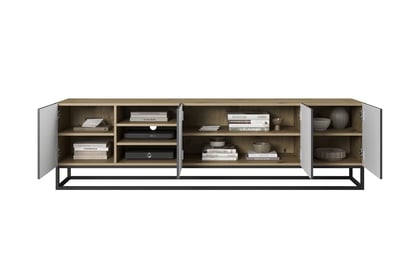 TV stolík Asha 200 cm na čiernom podstavci s 3 otvorenými policami - artisan / čierny mat TV skrinka Asha 200 cm s frézovaným frontom, wnekami i metalowym stelazem - artisan / rivier stone mat