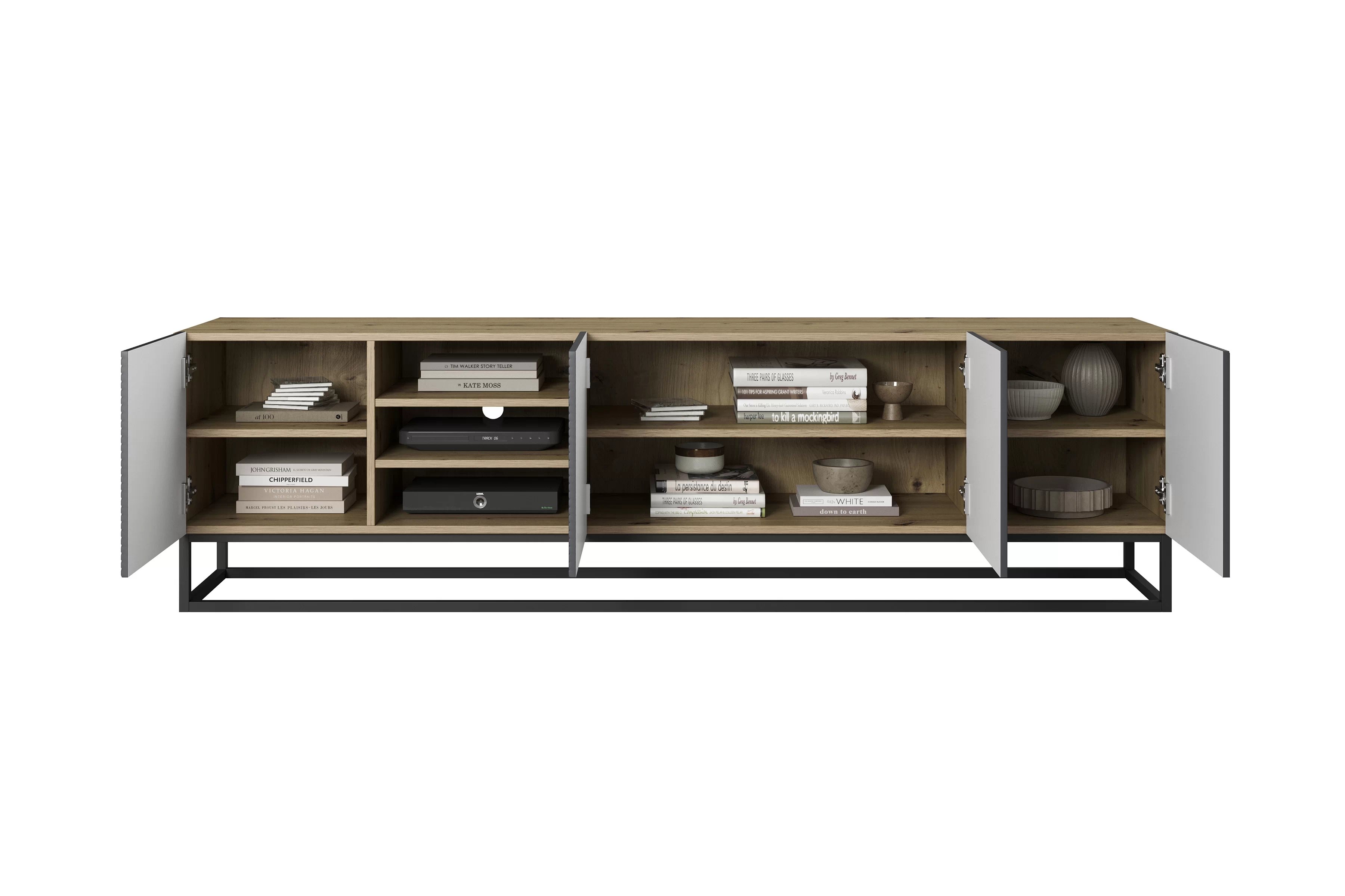 TV stolík Asha 200 cm s ryhovanými dvierkami a kovovou podnožou - artisan / rivier stone mat TV skrinka Asha 200 cm s frézovaným frontom, wnekami i metalowym stelazem - artisan / rivier stone mat