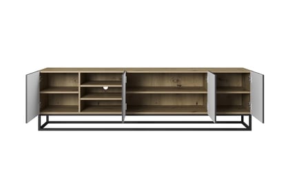 TV stolík Asha 200 cm na čiernom podstavci s 3 otvorenými policami - artisan / čierny mat TV skrinka Asha 200 cm s frézovaným frontom, wnekami i metalowym stelazem - artisan / rivier stone mat