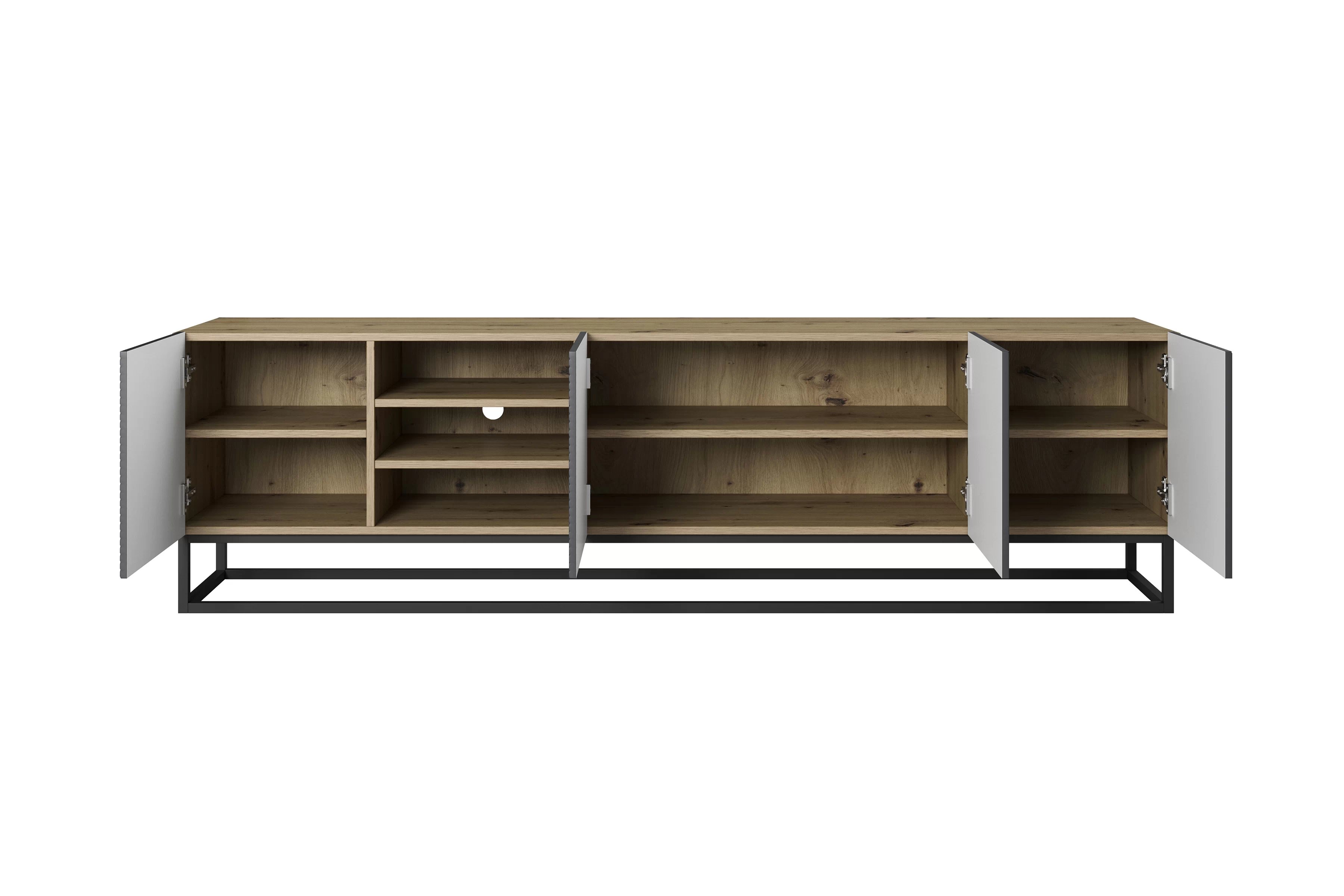 TV stolík Asha 200 cm s ryhovanými dvierkami a kovovou podnožou - artisan / rivier stone mat TV skrinka Asha 200 cm s frézovaným frontom, wnekami i metalowym stelazem - artisan / rivier stone mat