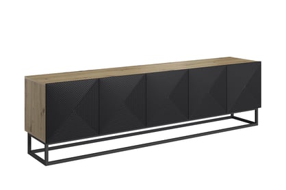 TV stolek Asha 200 cm s rýhovaným čelem na kovovém rámu - dub artisan / černý mat
