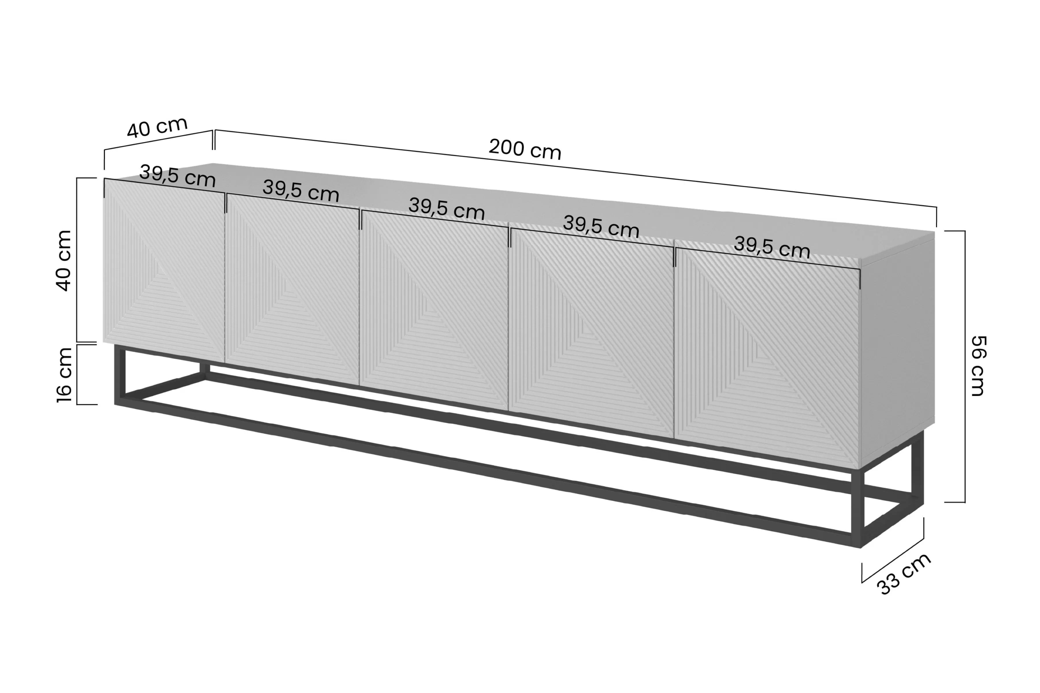 TV skrinka Asha 200 cm s ryhovaným čelom - artisan / čierny mat TV skrinka Asha 200 cm s frézovaným frontom i metalowym, čiernym stelazem - artisan / Čierny mat