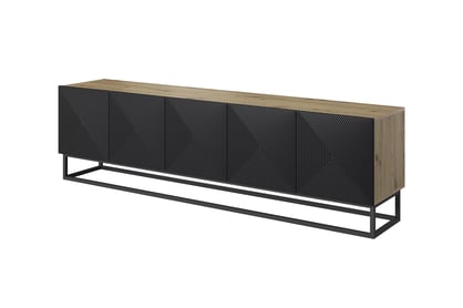 TV stolek Asha 200 cm s rýhovaným čelem na kovovém rámu - dub artisan / černý mat