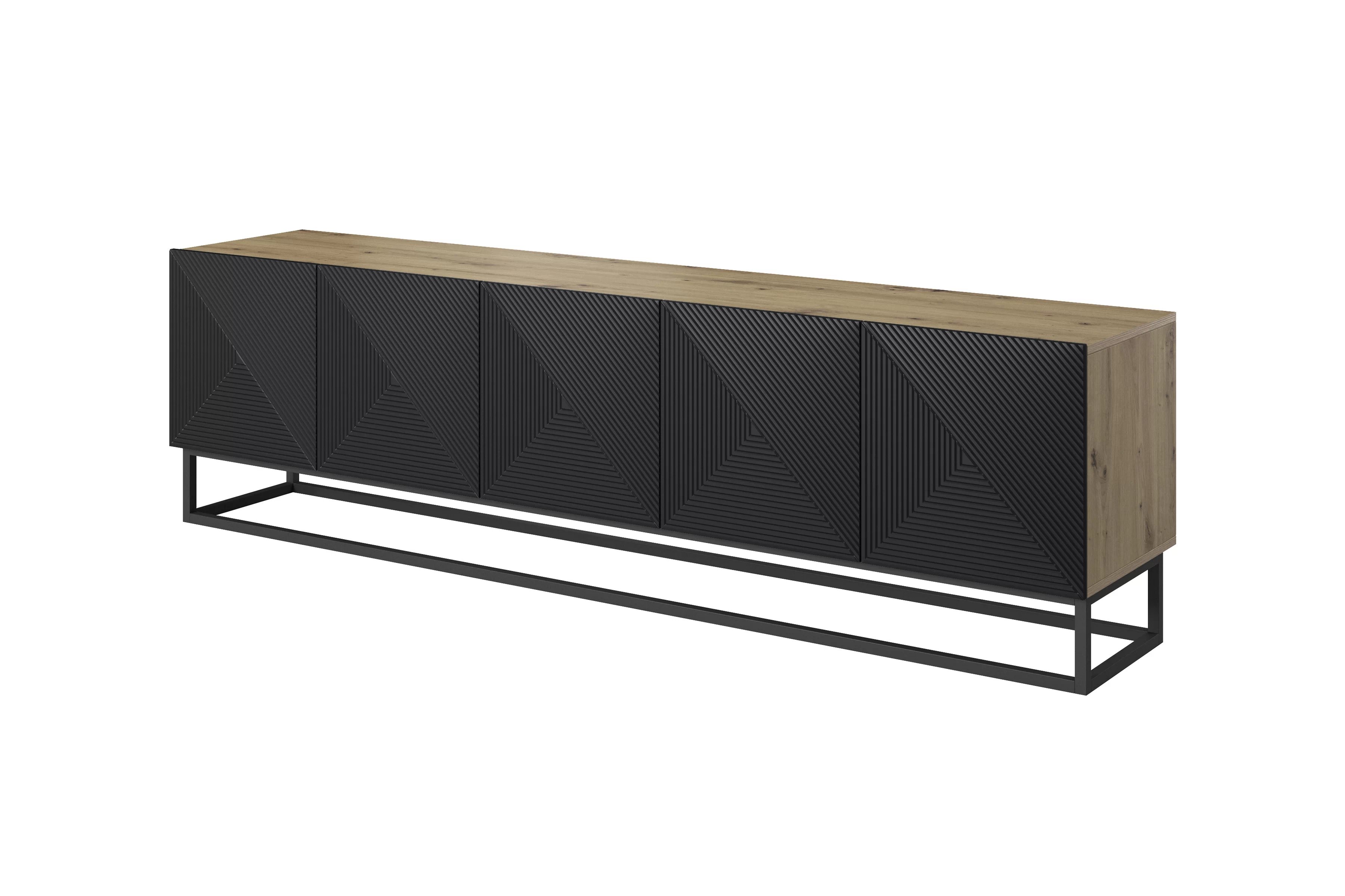 TV skrinka Asha 200 cm s ryhovaným čelom - artisan / čierny mat TV skrinka Asha 200 cm s frézovaným frontom i metalowym, čiernym stelazem - artisan / Čierny mat