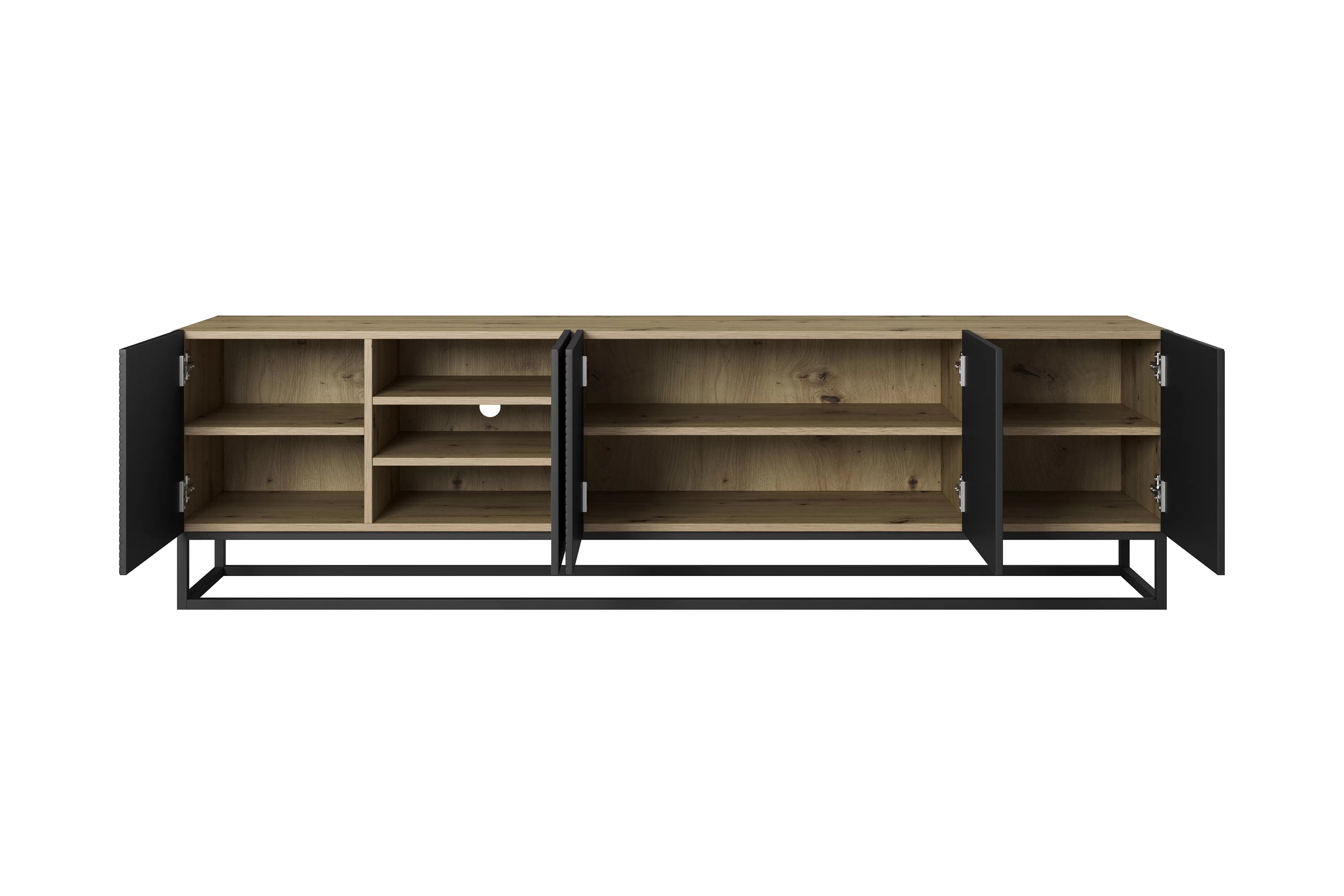 TV skrinka Asha 200 cm s ryhovaným čelom - artisan / čierny mat TV skrinka Asha 200 cm s frézovaným frontom i metalowym, čiernym stelazem - artisan / Čierny mat