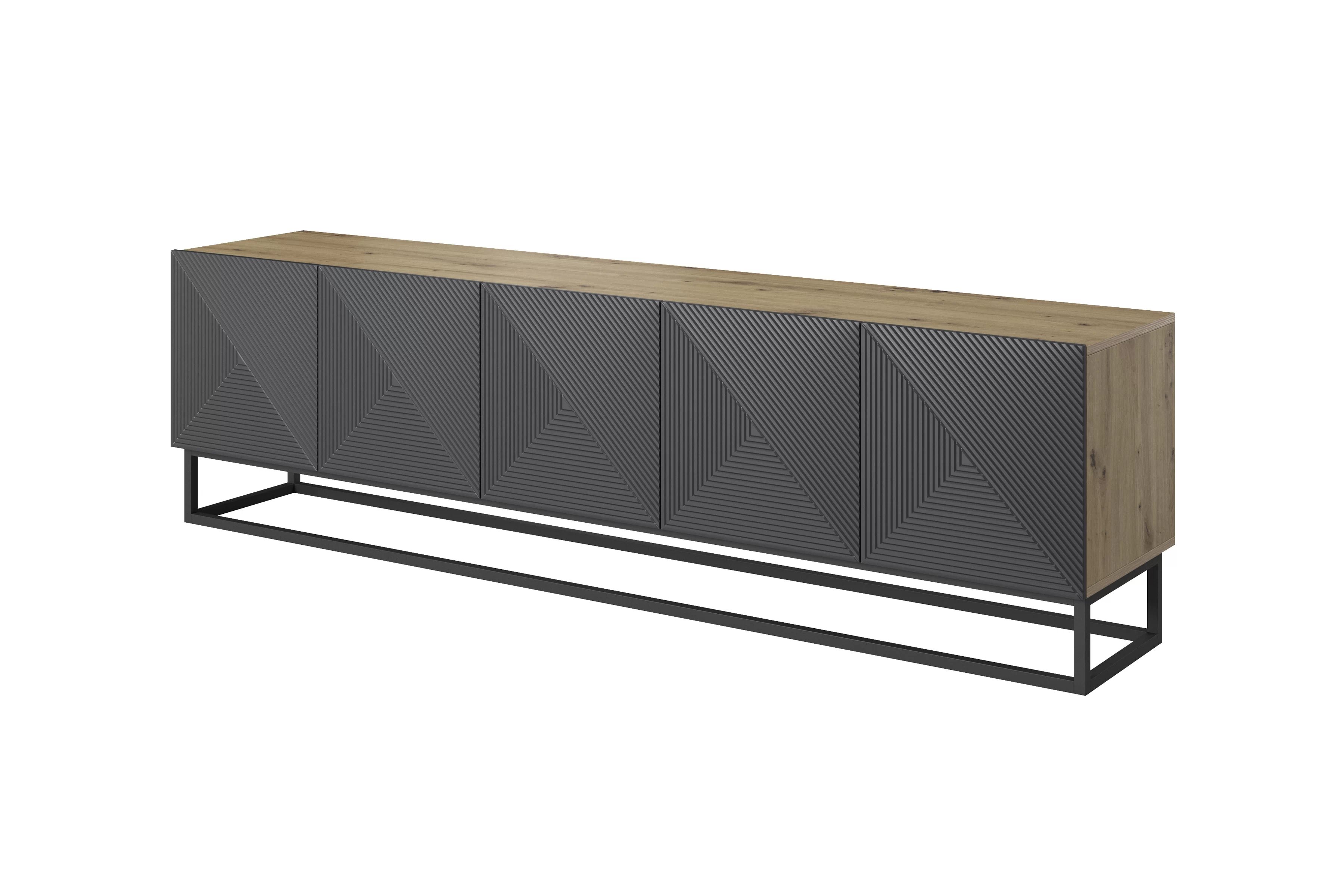 TV skrinka Asha 200 cm s ryhovanými dvierkami a kovovou podnožou - artisan / rivier stone mat TV skrinka Asha 200 cm s frézovaným frontom i metalowym, čiernym stelazem - artisan / rivier stone mat