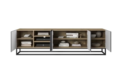 TV stolek Asha 200 cm s drážkovanými dvířky a kovovou podnoží - artisan / rivier stone mat skříňka RTV Asha 200 cm s frézovanou přední částí i metalowym, czarnym stelazem - artisan / rivier stone mat