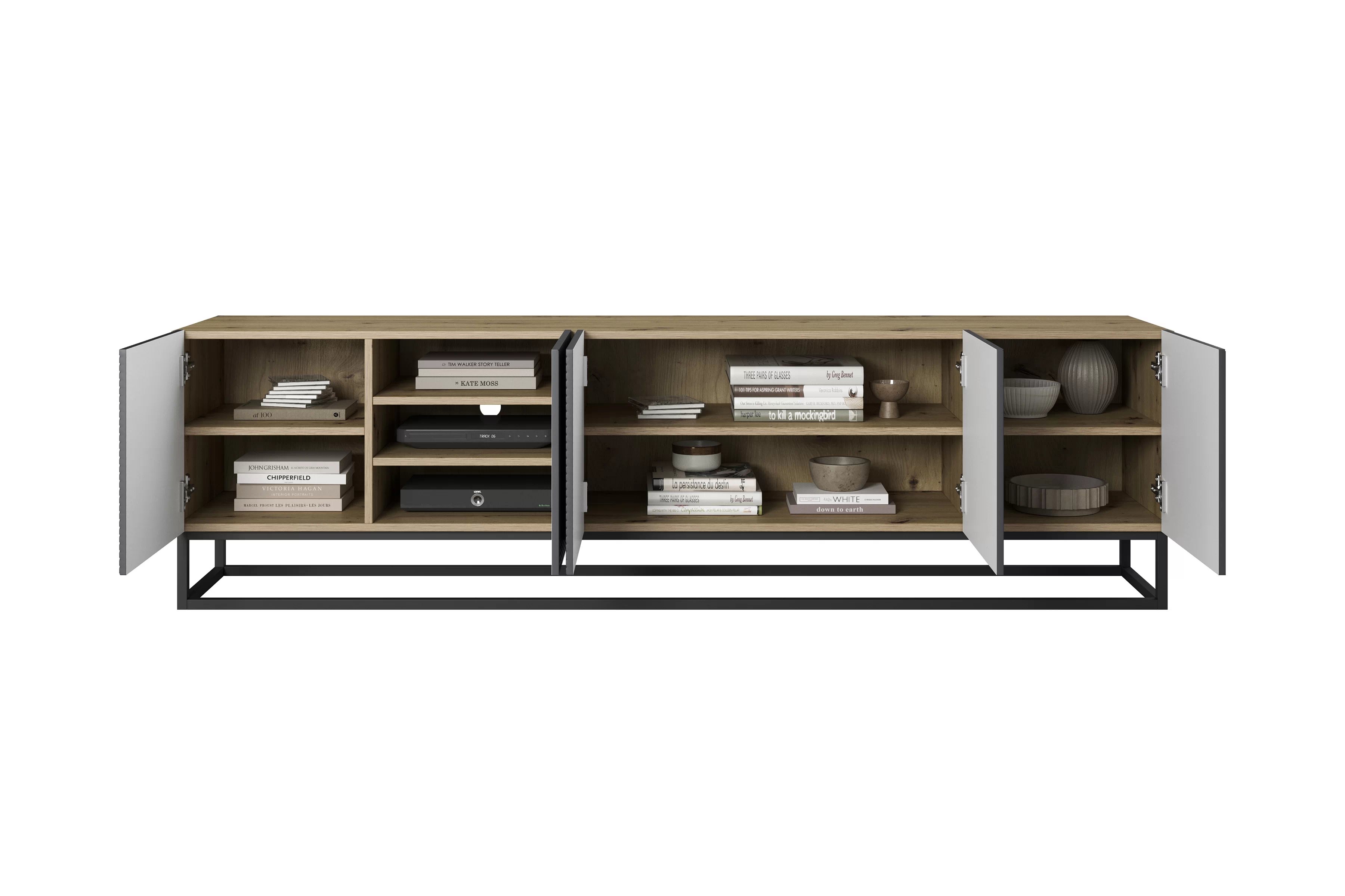 TV skrinka Asha 200 cm s ryhovanými dvierkami a kovovou podnožou - artisan / rivier stone mat TV skrinka Asha 200 cm s frézovaným frontom i metalowym, čiernym stelazem - artisan / rivier stone mat