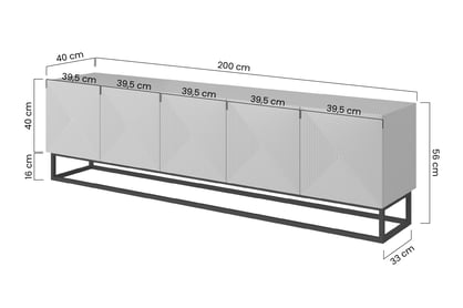 TV stolík Asha 200 cm na čiernom podstavci - biely mat TV skrinka Asha 200 cm s frézovaným frontom i metalowym, čiernym stelazem - biely mat