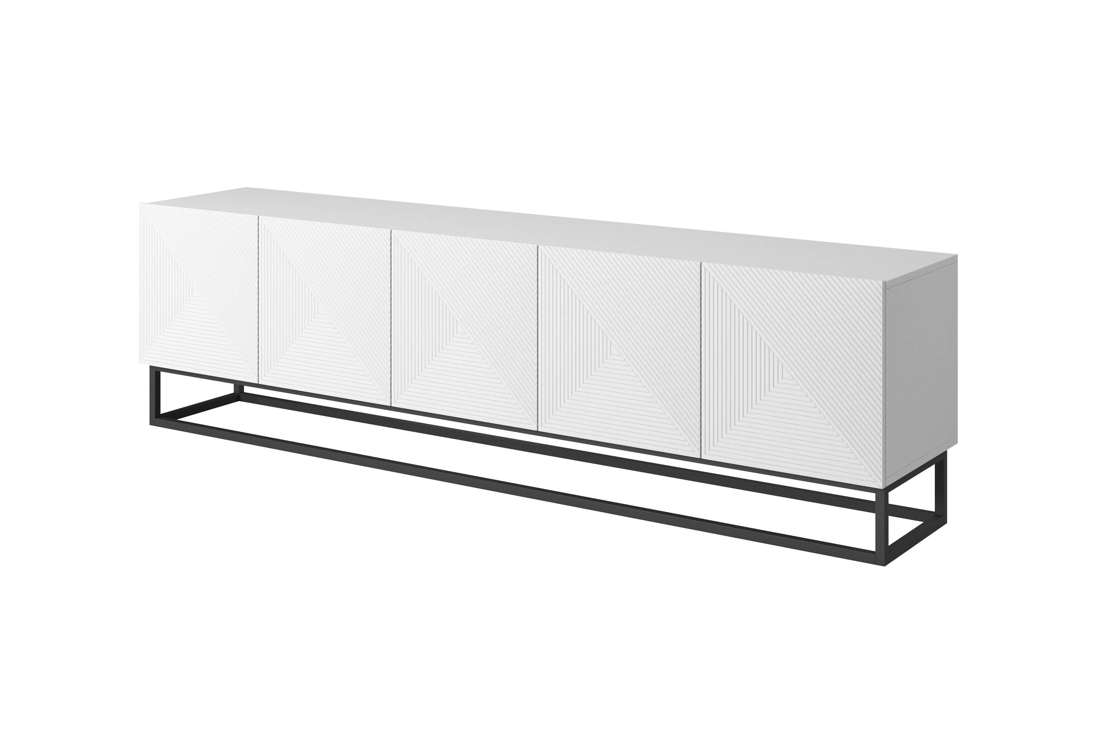 TV stolík Asha 200 cm na čiernom podstavci - biely mat TV skrinka Asha 200 cm s frézovaným frontom i metalowym, čiernym stelazem - biely mat