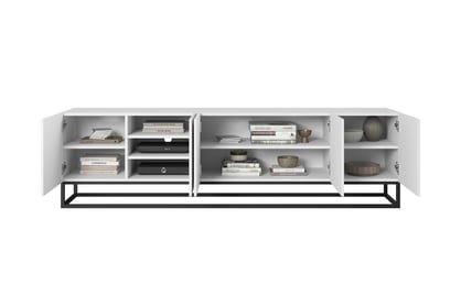 TV stolík Asha 200 cm na čiernom podstavci - biely mat TV skrinka Asha 200 cm s frézovaným frontom i metalowym, čiernym stelazem - biely mat