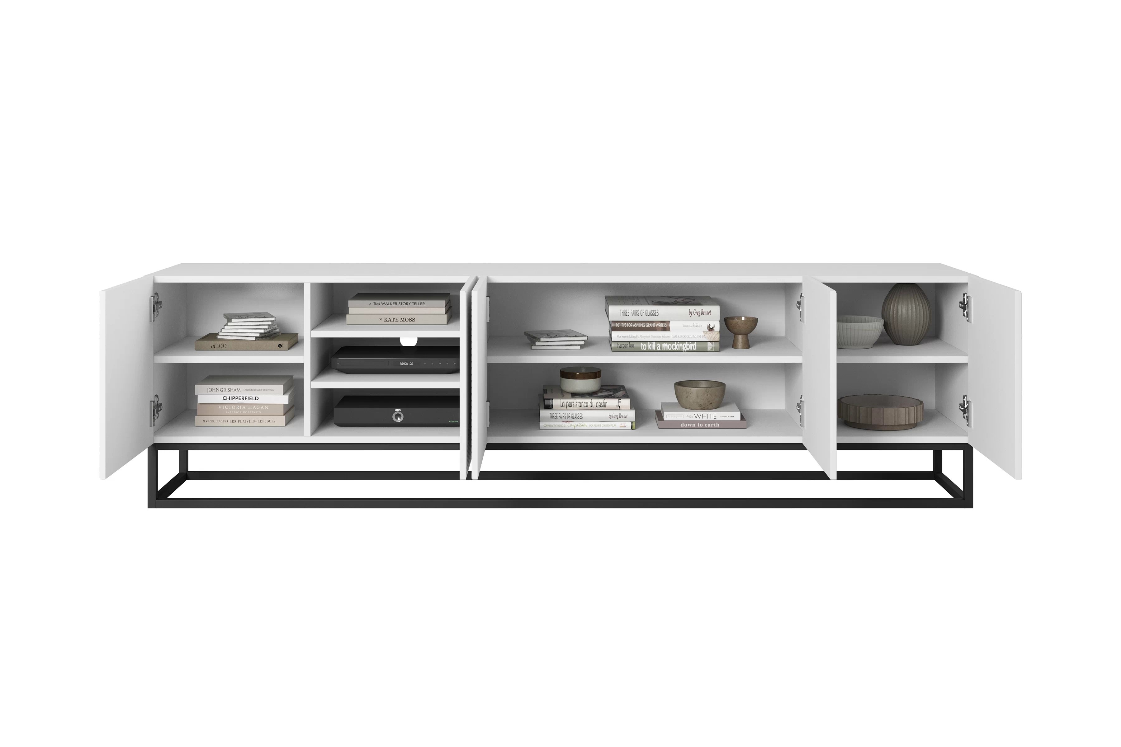 TV stolík Asha 200 cm na čiernom podstavci - biely mat TV skrinka Asha 200 cm s frézovaným frontom i metalowym, čiernym stelazem - biely mat