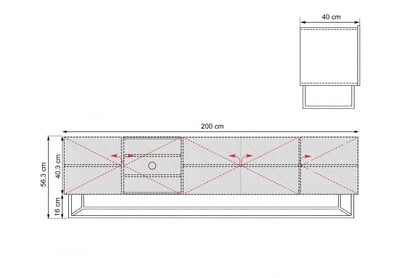 TV stolek Asha 200 cm s rýhovanými dvířky a kovovým rámem - černý mat skříňka RTV Asha 200 cm s frézovanou přední částí i metalowym, czarnym stelazem - černá mat