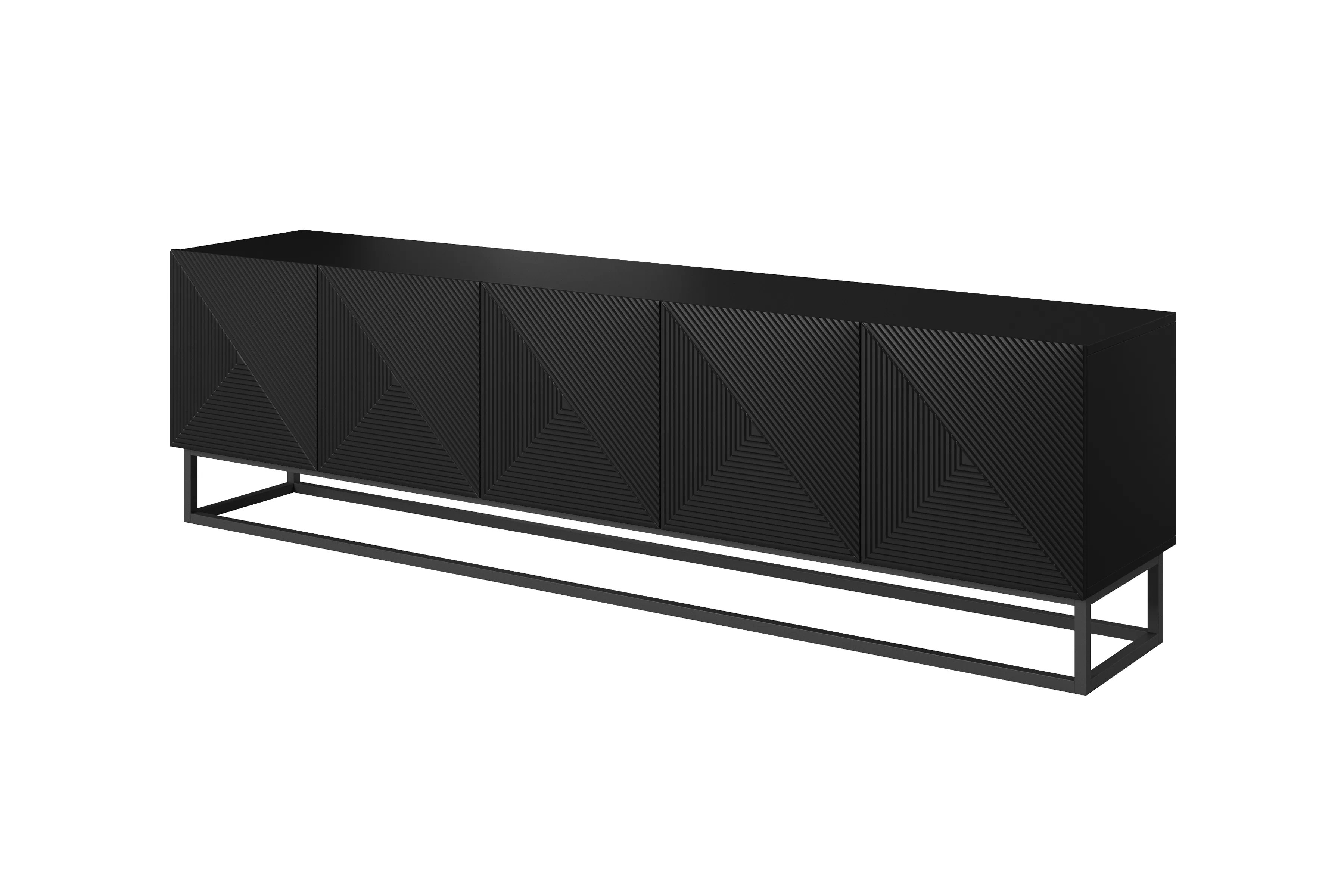 TV skrinka Asha 200 cm s ryhovanými dvierkami a kovovou podnožou - čierny mat TV skrinka Asha 200 cm s frézovaným frontom i metalowym, čiernym stelazem - Čierny mat