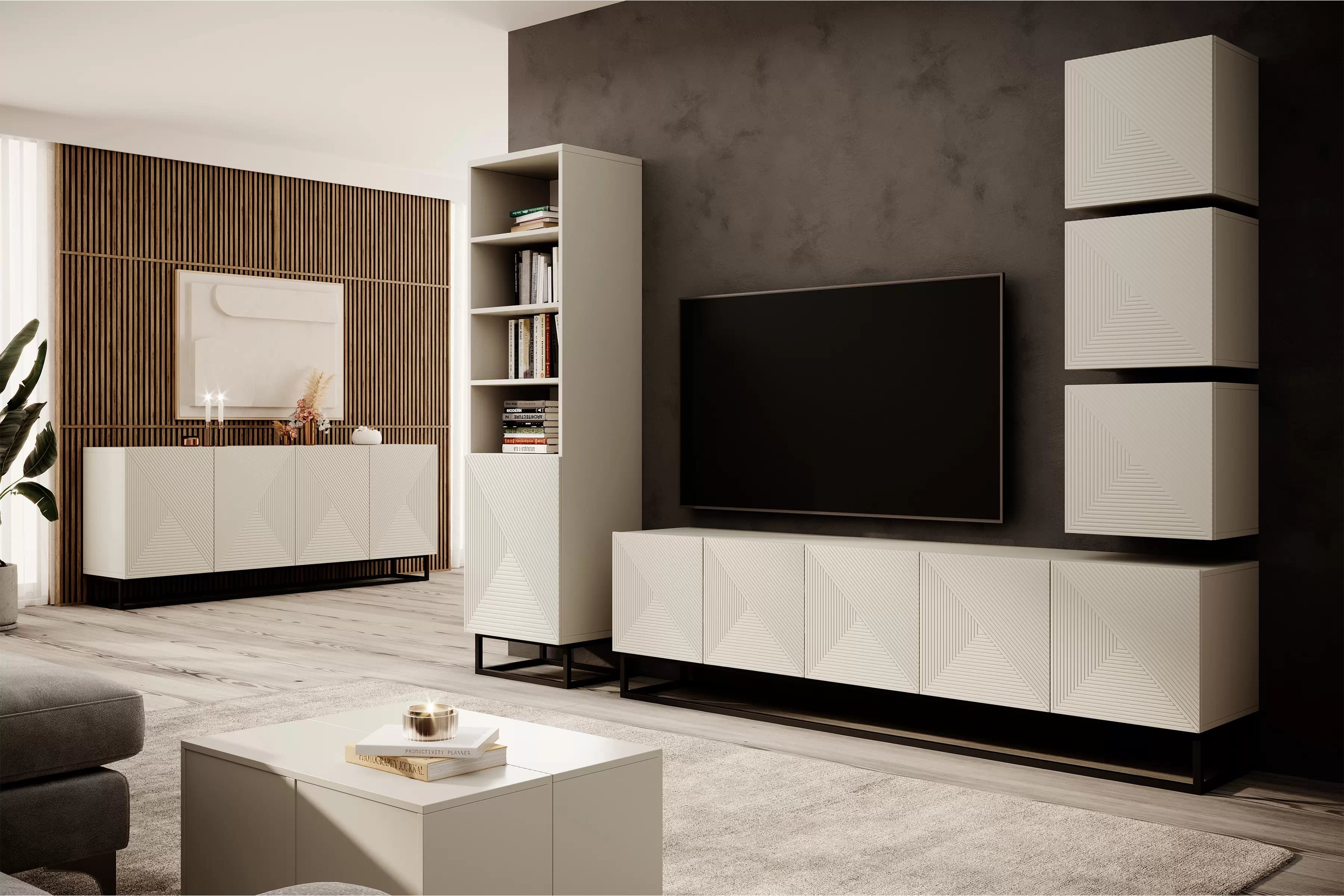 TV stolek Asha 200 cm s rýhovanými dvířky a černým kovovým rámem - kašmír Skříňka RTV Asha 200 cm s frézovanou přední částí i metalowym, czarnym stelazem - kašmír