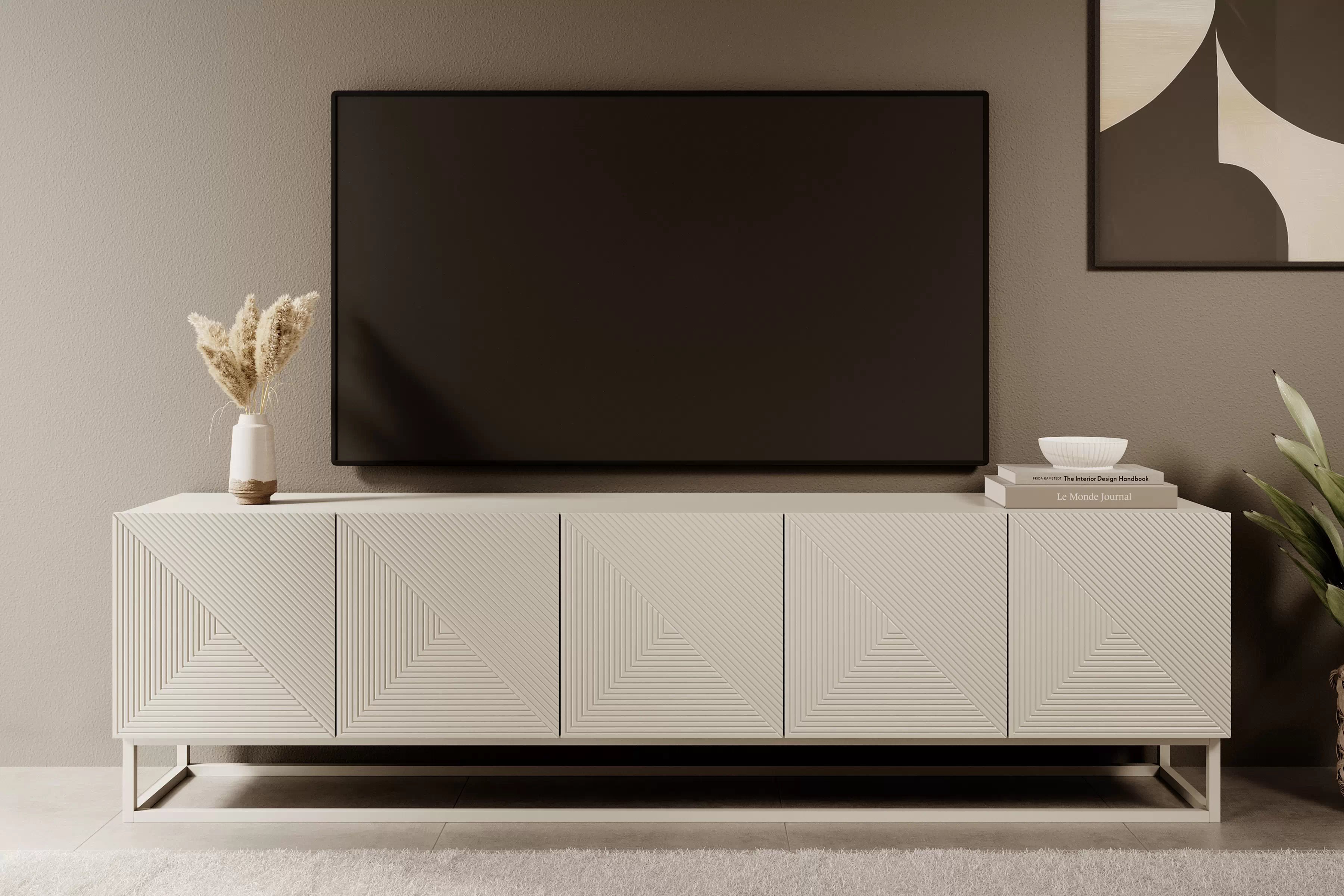 TV skrinka Asha 200 cm s ryhovanými dvierkami a kašmírovým podstavcom - kašmír TV skrinka Asha 200 cm s frézovaným frontom i metalowym, kaszmirowym stelazem - kašmír