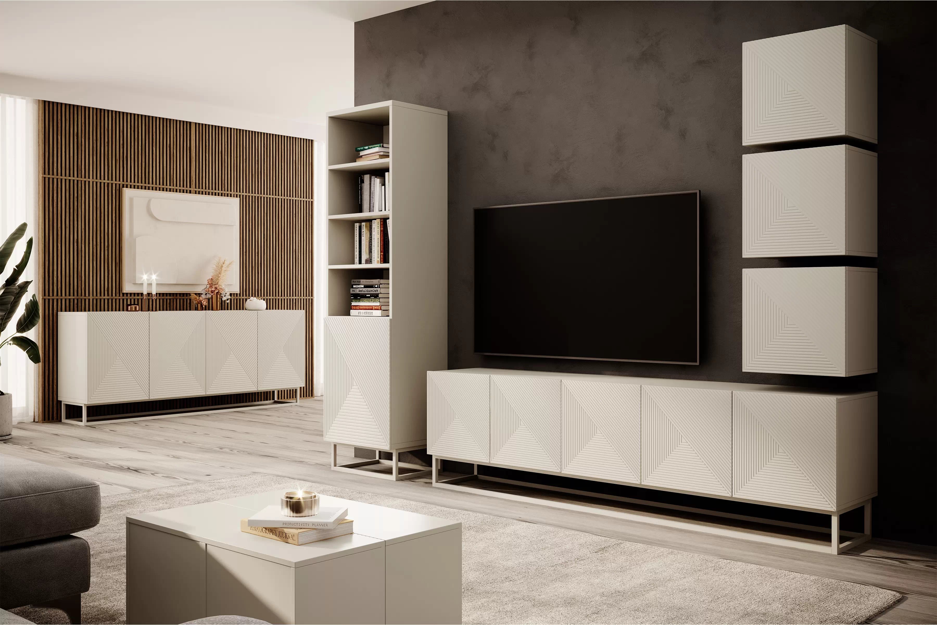 TV skrinka Asha 200 cm s ryhovanými dvierkami a kašmírovým podstavcom - kašmír TV skrinka Asha 200 cm s frézovaným frontom i metalowym, kaszmirowym stelazem - kašmír