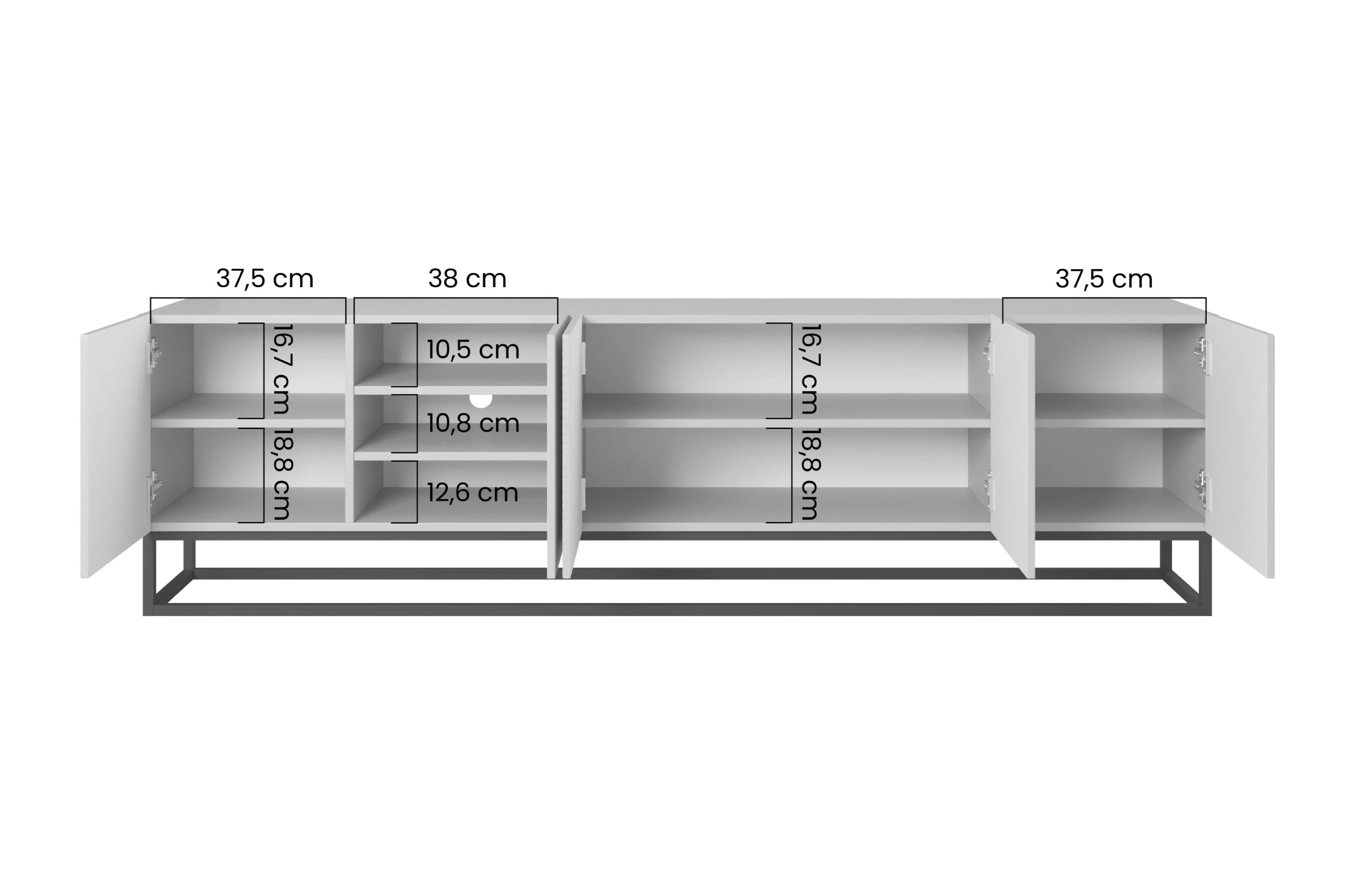 TV skrinka Asha 200 cm s ryhovanými dvierkami a kovovou podnožou - artisan / rivier stone mat TV skrinka Asha 200 cm s frézovaným frontom i metalowym stelazem - artisan / rivier stone mat