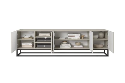 RTV skrinka Asha 200 cm s ryhovanými dvierkami a kovovým čiernym rámom - kašmír TV skrinka Asha 200 cm s frézovaným frontom i metalowym stelazem - kašmír