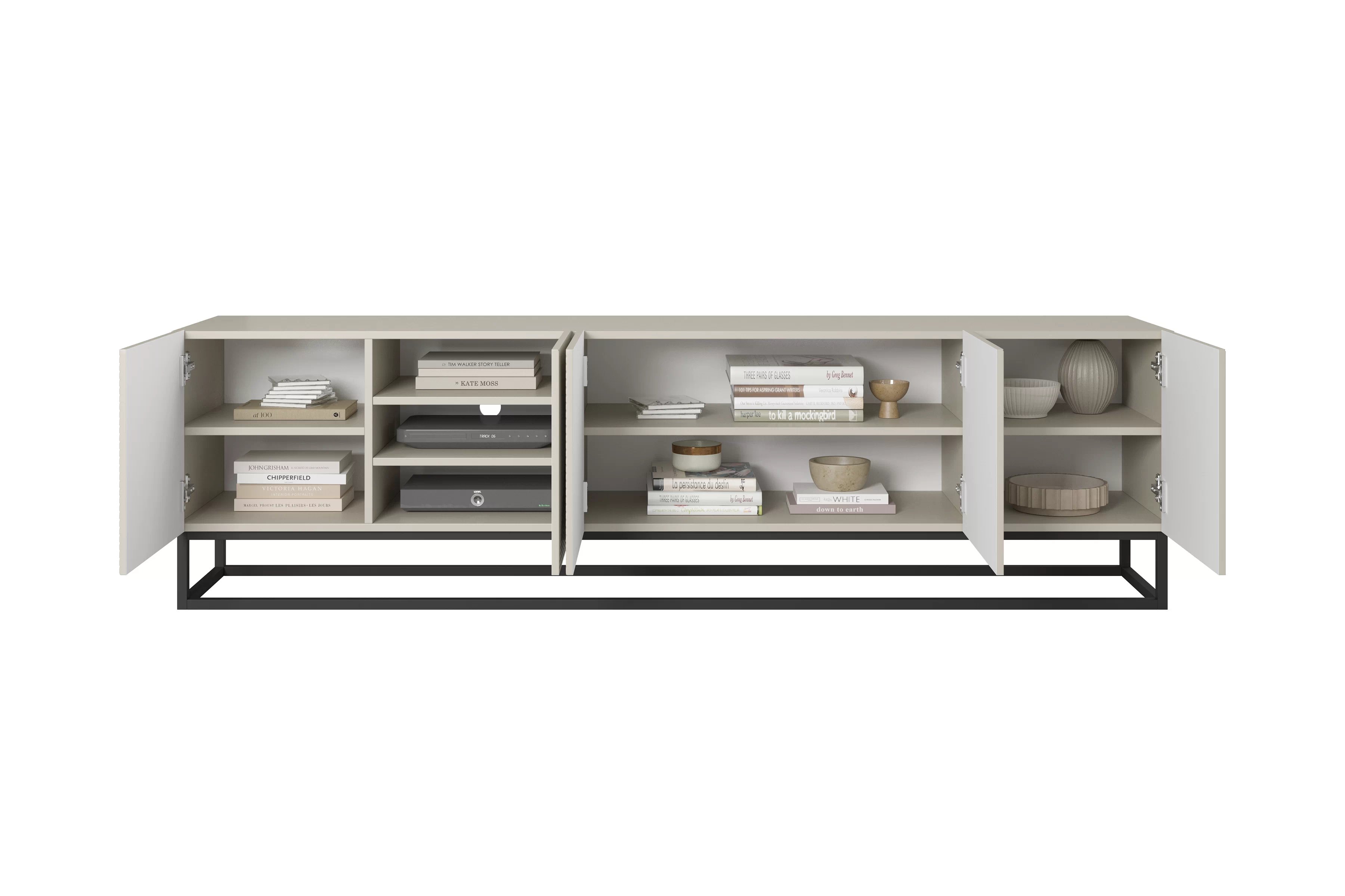 TV stolek Asha 200 cm s rýhovanými dvířky a černým kovovým rámem - kašmír skříňka RTV Asha 200 cm s frézovanou přední částí i metalowym stelazem - kašmír