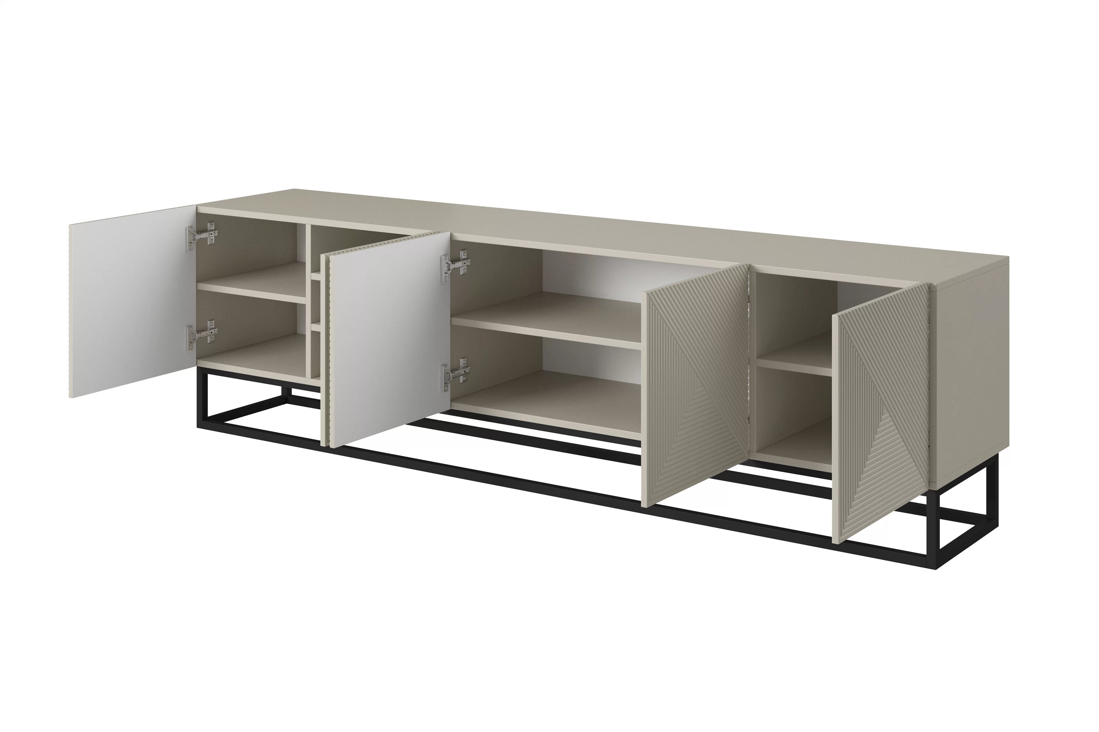 TV stolek Asha 200 cm s rýhovanými dvířky a černým kovovým rámem - kašmír skříňka RTV Asha 200 cm s frézovanou přední částí i metalowym stelazem - kašmír