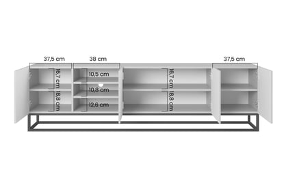 TV stolík Asha 200 cm s ryhovanými dvierkami a kovovou podnožou - artisan / rivier stone mat TV skrinka Asha 200 cm s frézovaným frontom i stelazem - artisan / rivier stone mat
