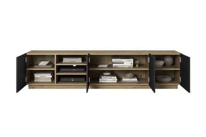 TV stolík Asha 200 cm s ryhovaným čelom - artisan / čierny mat TV skrinka Asha 200 cm s frézovaným frontom i wneka - artisan / Čierny mat