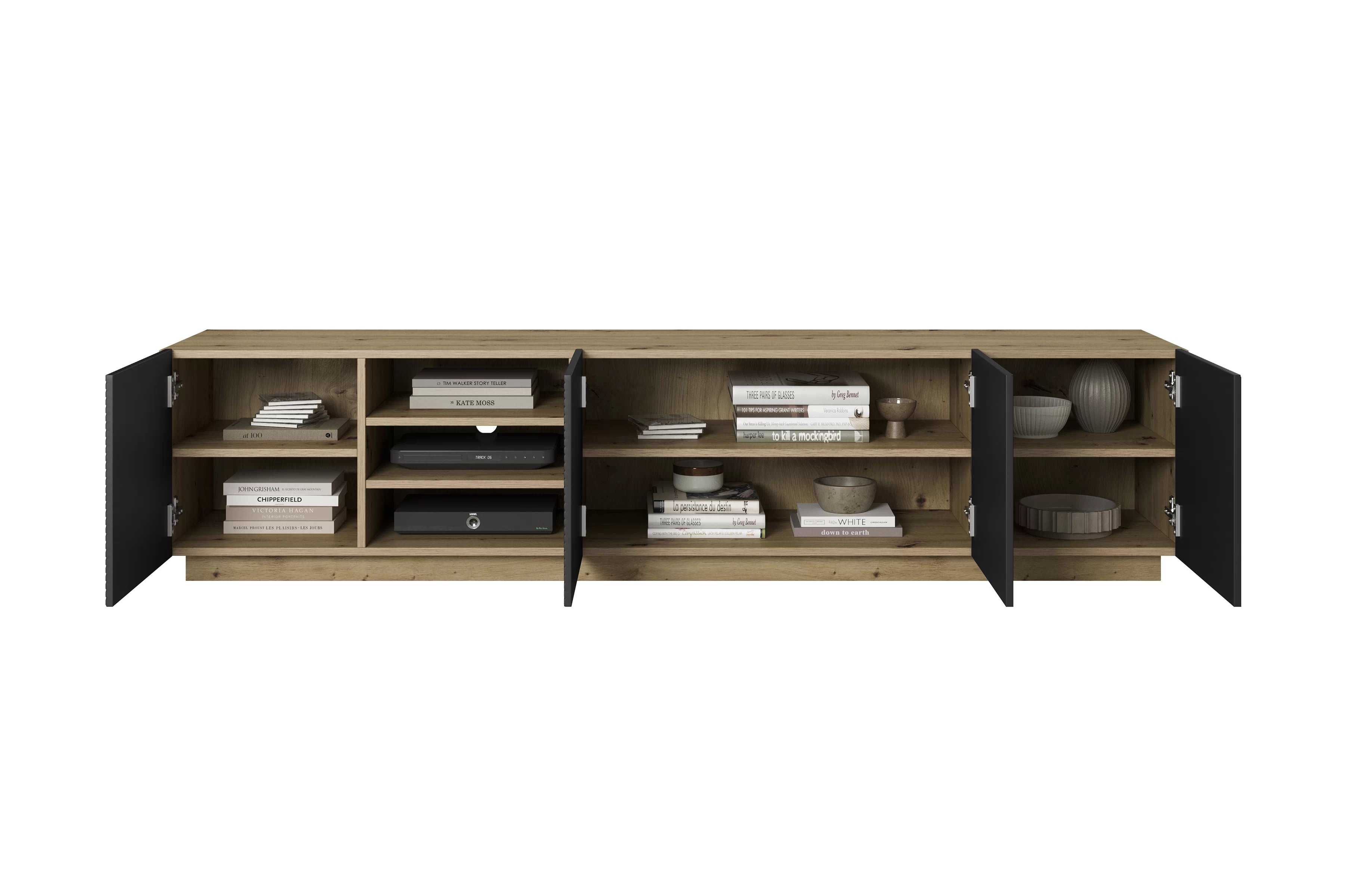 TV stolík Asha 200 cm s ryhovanými dvierkami a výklenkom - artisan / čierny mat TV skrinka Asha 200 cm s frézovaným frontom i wneka - artisan / Čierny mat