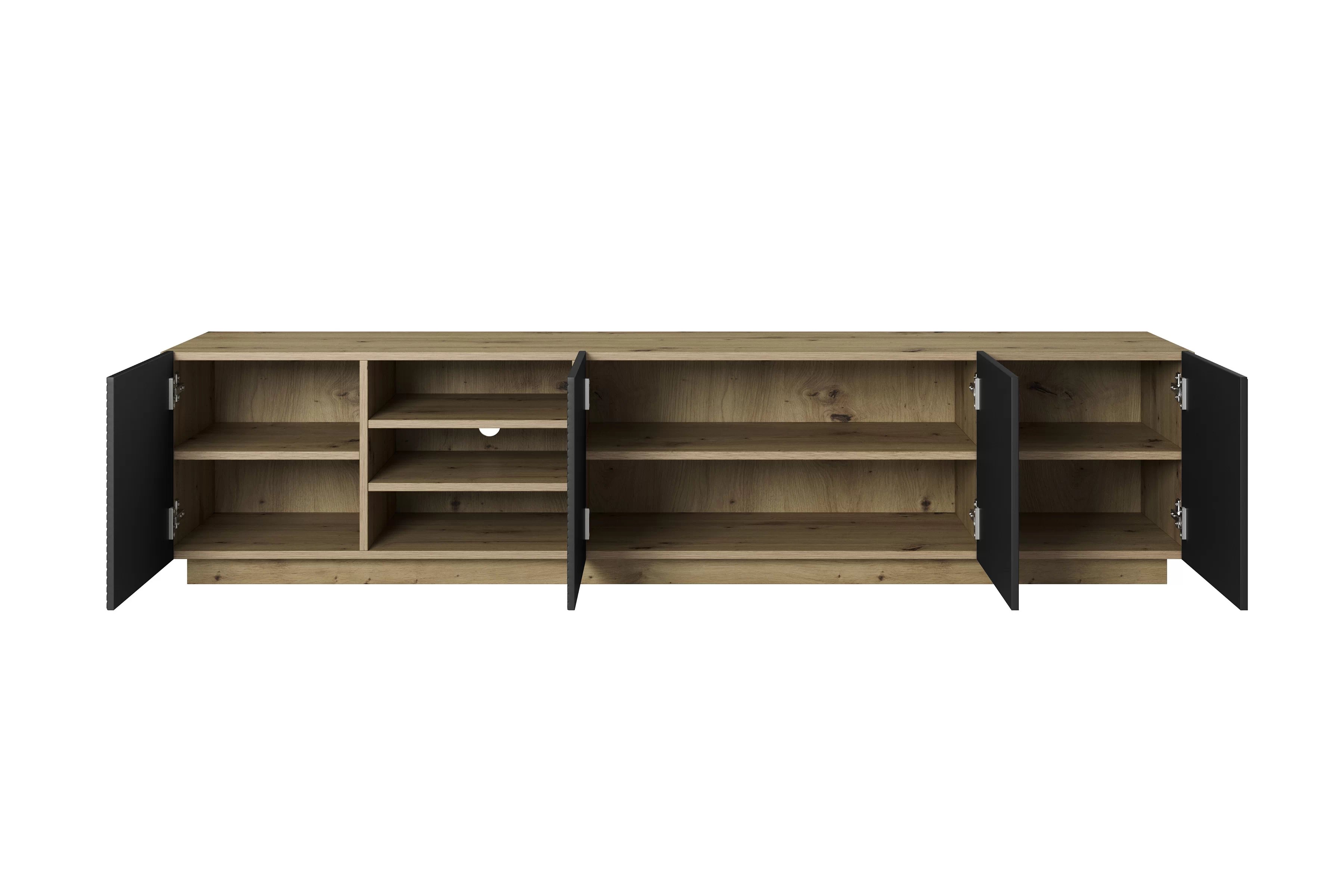 TV stolík Asha 200 cm s ryhovanými dvierkami a výklenkom - artisan / čierny mat TV skrinka Asha 200 cm s frézovaným frontom i wneka - artisan / Čierny mat