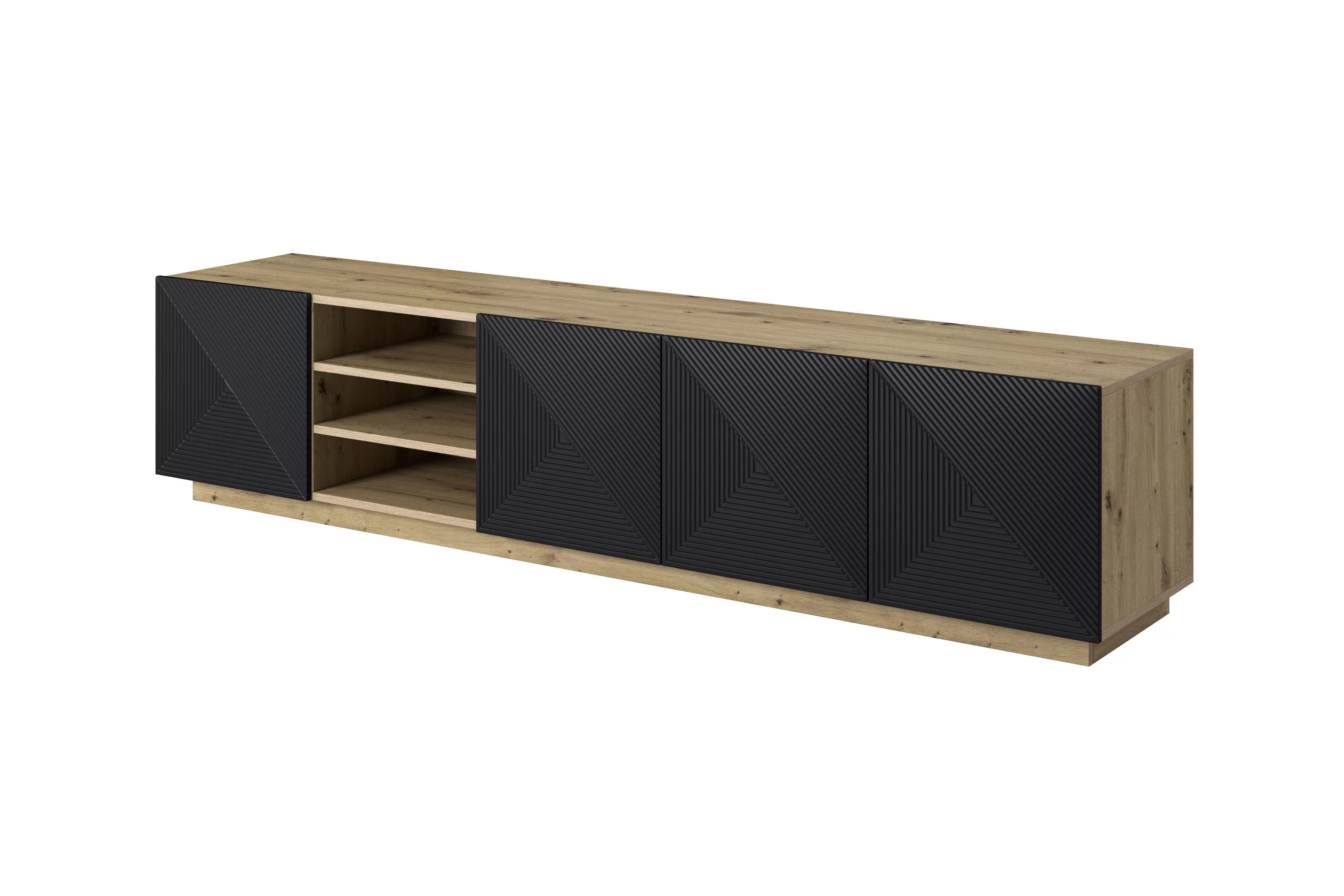TV stolík Asha 200 cm s ryhovanými dvierkami a výklenkom - artisan / čierny mat TV skrinka Asha 200 cm s frézovaným frontom i wneka - artisan / Čierny mat