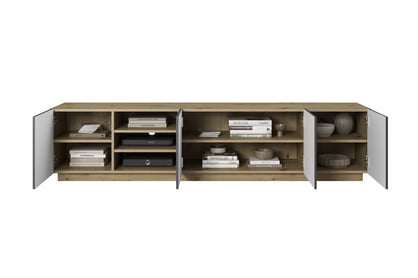 RTV skrinka Asha 200 cm s ryhovaným čelom - artisan / rivier stone mat TV skrinka Asha 200 cm s frézovaným frontom i wneka - artisan / rivier stone mat